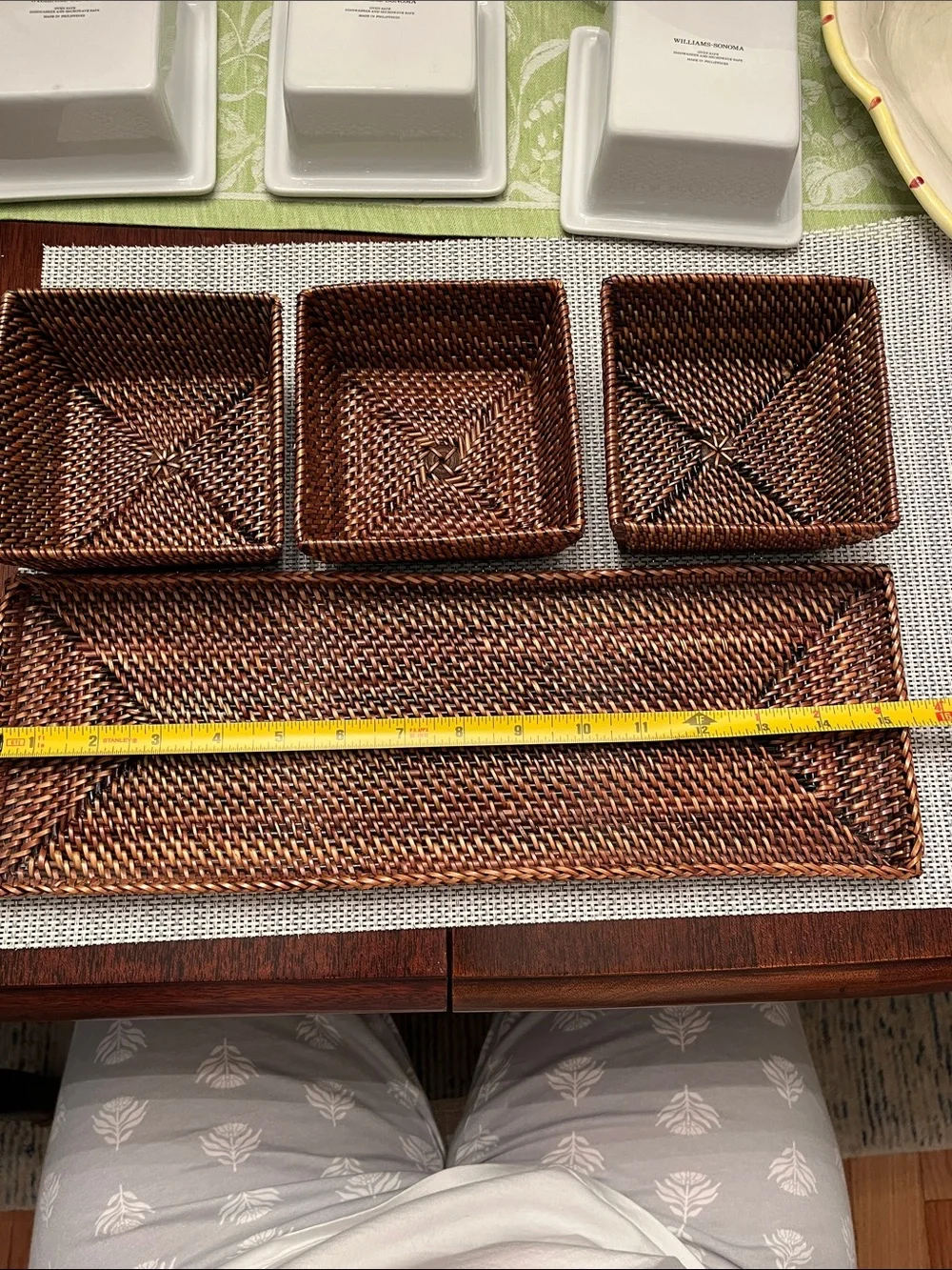Williams Sonoma White Ceramic Triple Server with Woven Tray